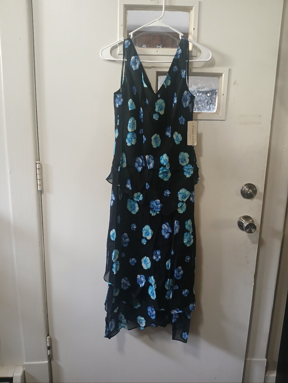 Sleeveless Black Floral V-Neck Dress with Blue Bloom Print